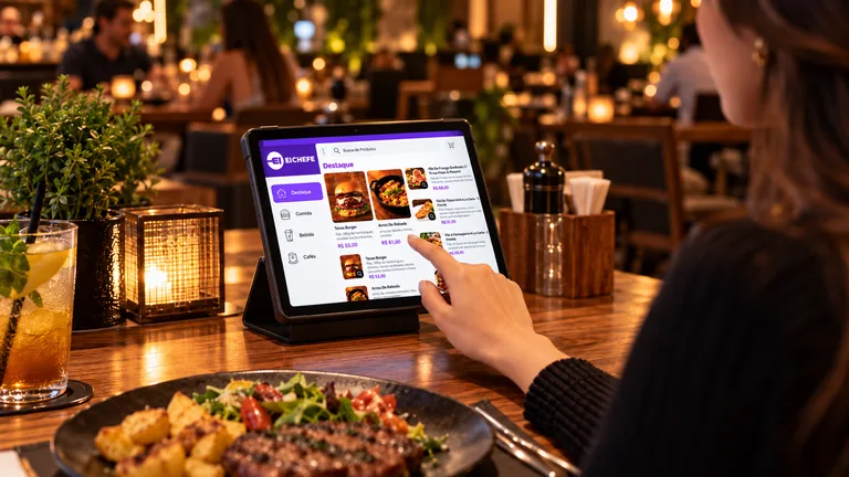 Cliente consulta o cardápio digital em um tablet apoiado à mesa, com o salão ao fundo.