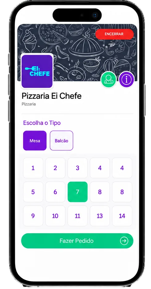 Tela do App Garçom com opções de mesa e pedido no celular.
