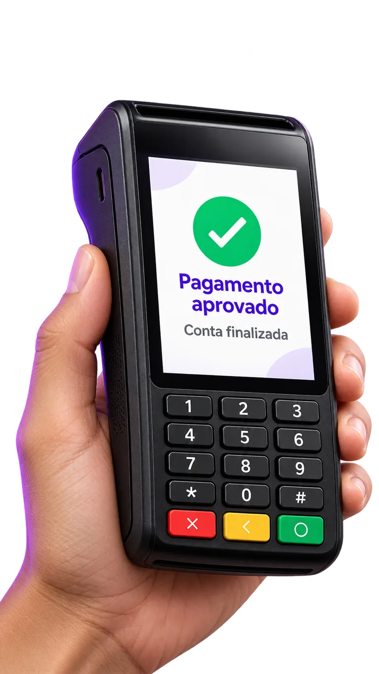 Maquininha integrada mostrando pagamento aprovado e conta finalizada.