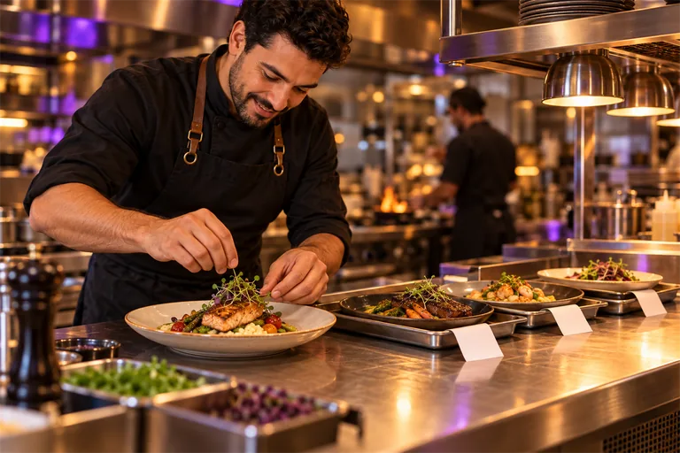 Cozinheiro finaliza um prato diante de bandejas de inox com outros pedidos em preparo.