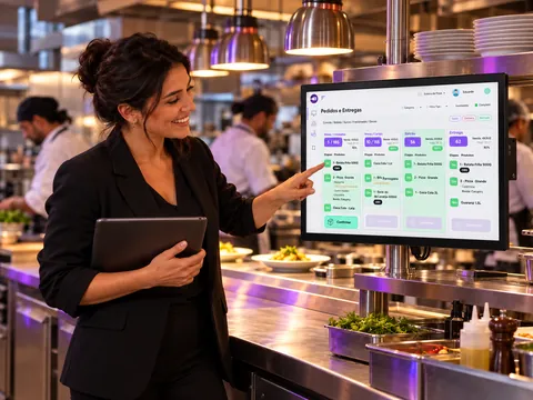 Cena ilustrativa de uma gerente apontando para a tela de pedidos no restaurante