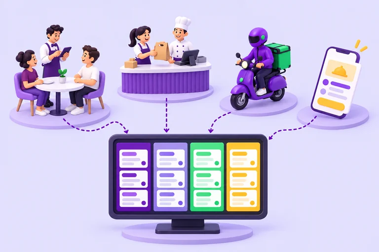 Ilustração em 3D dos canais do salão, balcão e delivery convergindo em um painel único de pedidos.
