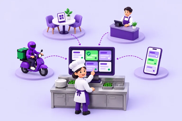 Ilustração em 3D de salão, balcão, delivery próprio e plataformas reunidos no sistema da equipe.