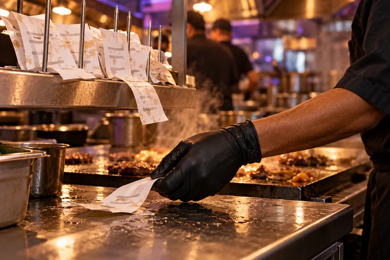 Comandas de papel amassadas e manchadas no suporte da chapa, no pico da cozinha.