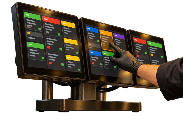 Mão enluvada toca um cartão de pedido em um dos três monitores da cozinha.