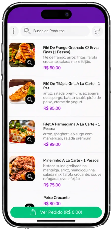 Cardápio digital do EiChefe no celular, com fotos, descrições e preços dos itens.