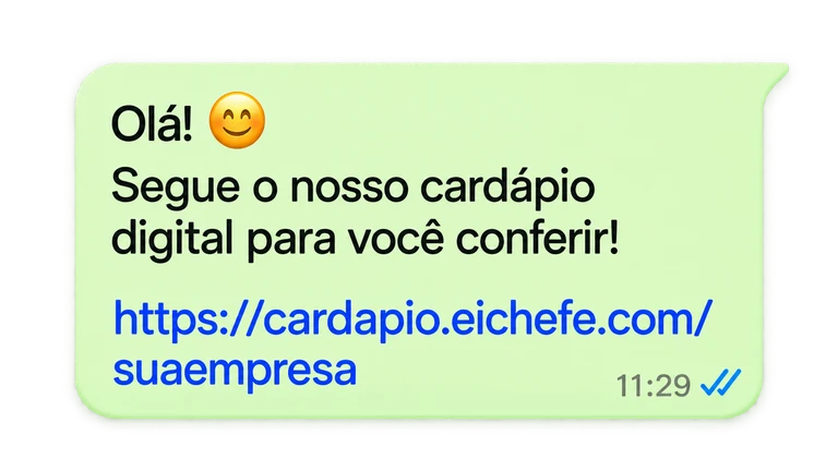 Mockup de uma mensagem no WhatsApp com saudação e link ilustrativo para o cardápio digital.