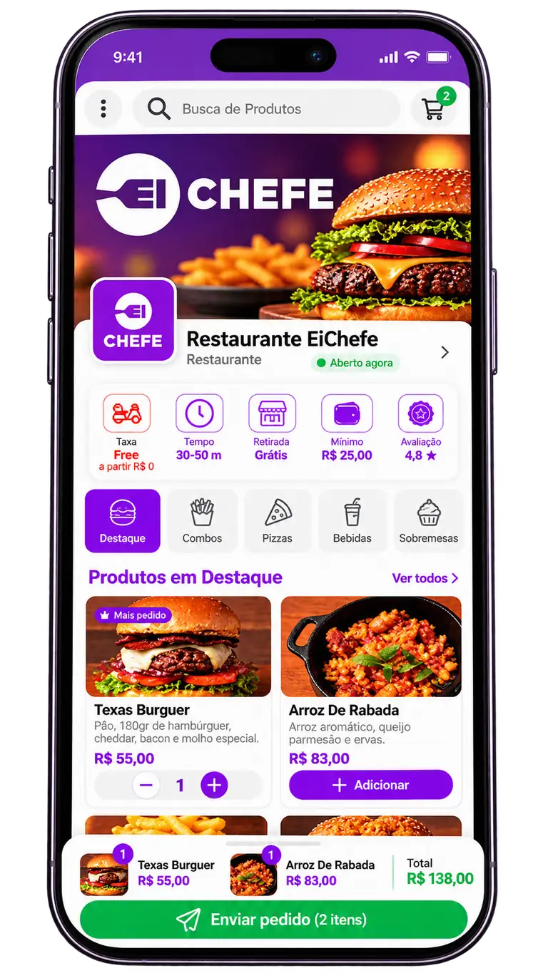 Mockup de celular com cardápio digital do EiChefe, produtos, carrinho e botão para enviar o pedido.