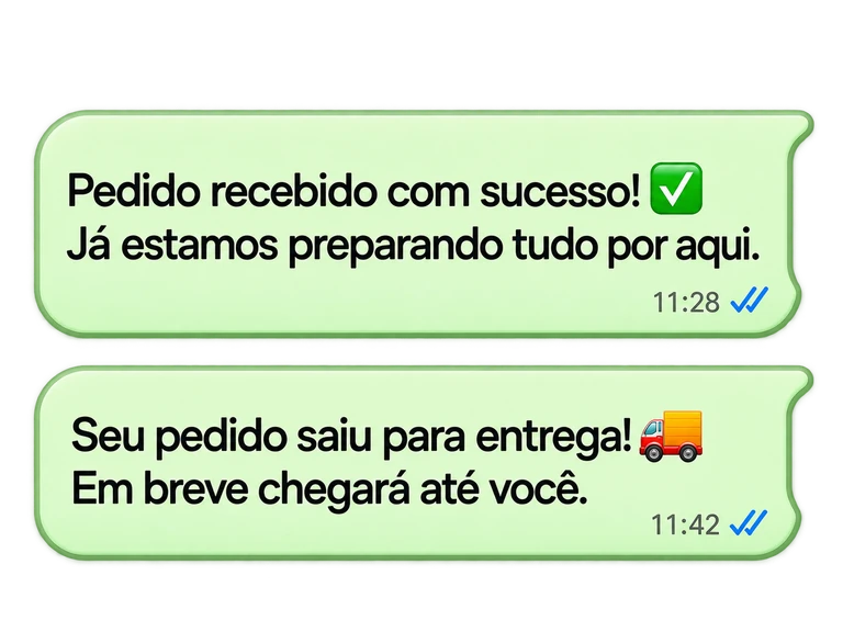 Dois balões verdes de WhatsApp mostram avisos de pedido recebido e de saída para entrega.